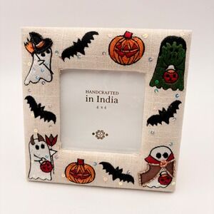 Handcrafted Halloween Embroidered Ghost Pumpkin Bat Fabric Photo Frame 4x4